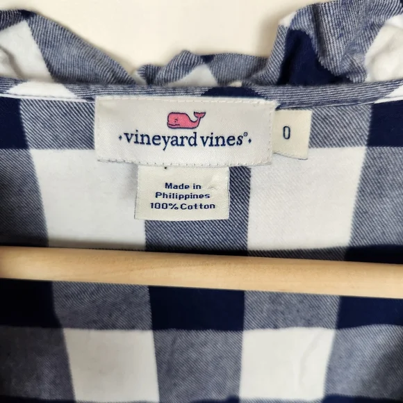 Vineyard Vines Blue White Checkered Plaid Ruffle Neck Dress Sz 0 - Picture 3 of 6